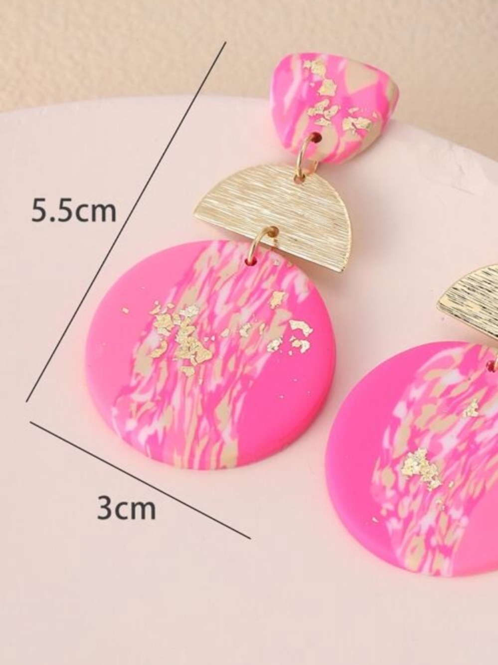 Hot Pink Marbled Drop Earrings with Gold Half-Moon - Picture 5 of 10